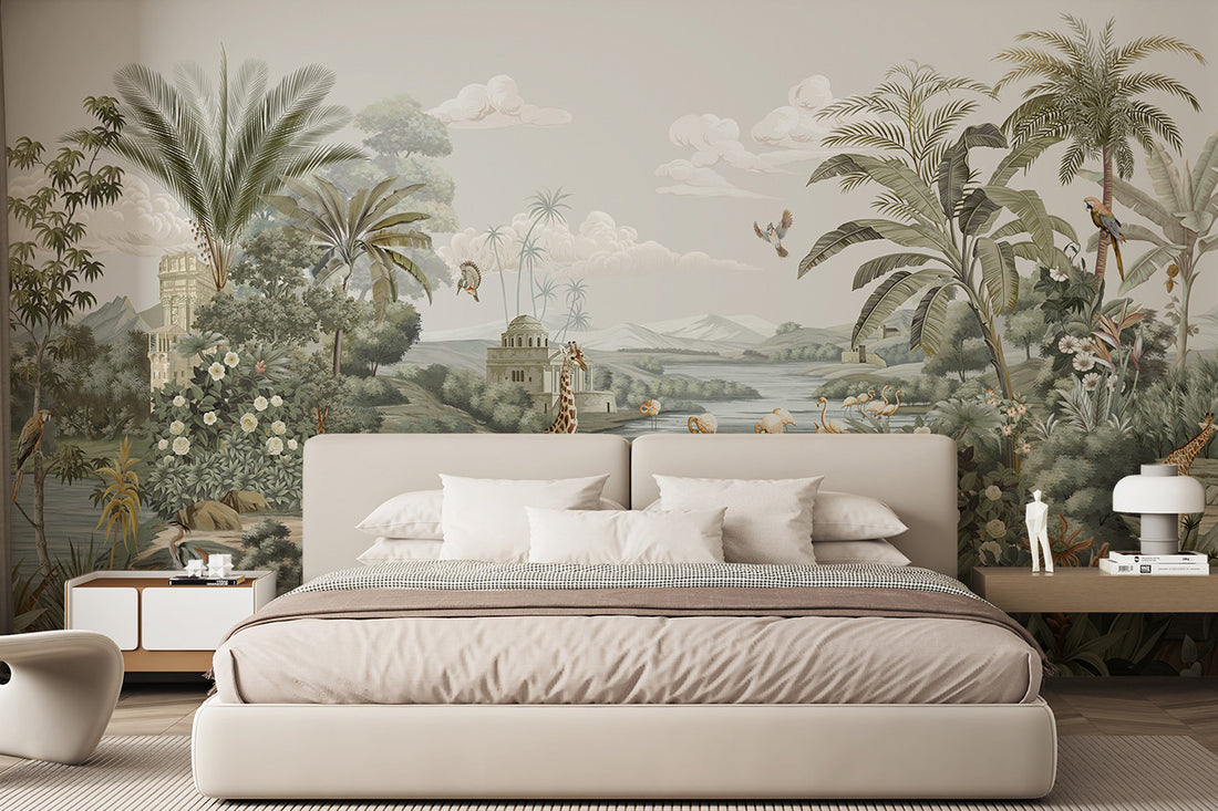 Giraffe Wallpaper, Wild Forest Dark Floral Botanical Jungle Mural, Peel And Stick Mural, Modern Removable Retro Rustic Wallpaper