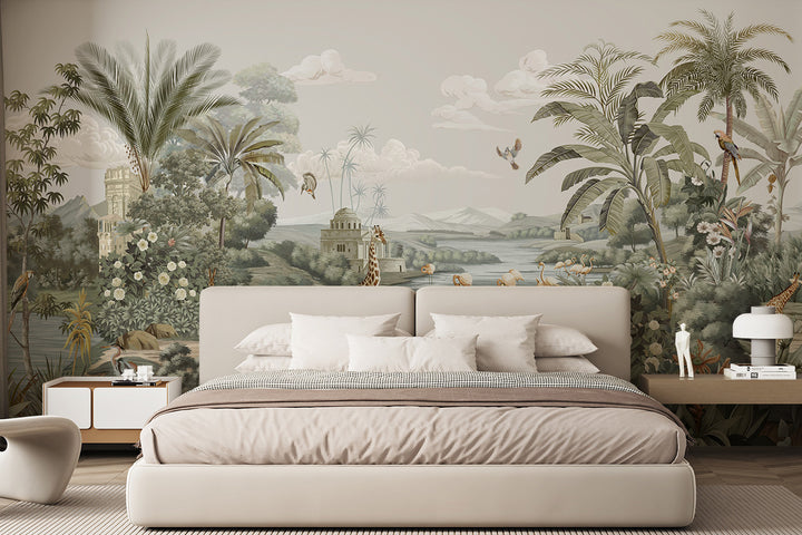 Giraffe Wallpaper, Wild Forest Dark Floral Botanical Jungle Mural, Peel And Stick Mural, Modern Removable Retro Rustic Wallpaper