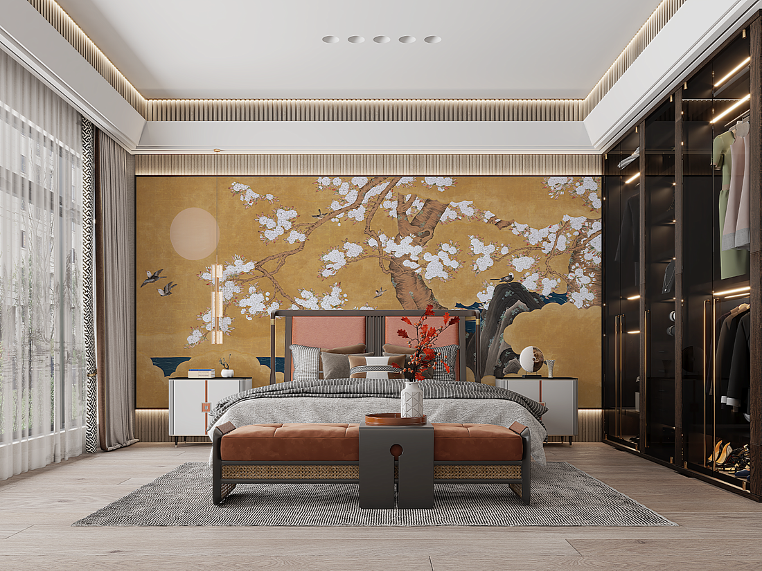 Chinoiserie Oriental-Style,Moon-Blossom Mural, Traditional Wallpaper, Peel And Stick Wallpaper,Serene Living Room/Bedroom Art Decor