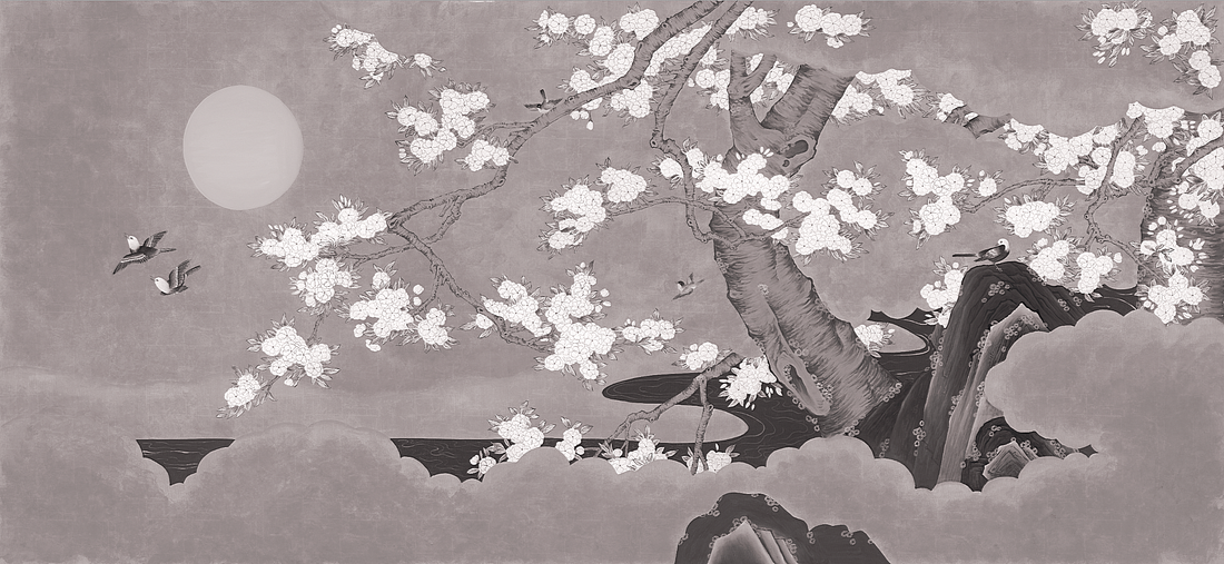 Chinoiserie Oriental-Style,Moon-Blossom Mural, Traditional Wallpaper, Peel And Stick Wallpaper,Serene Living Room/Bedroom Art Decor