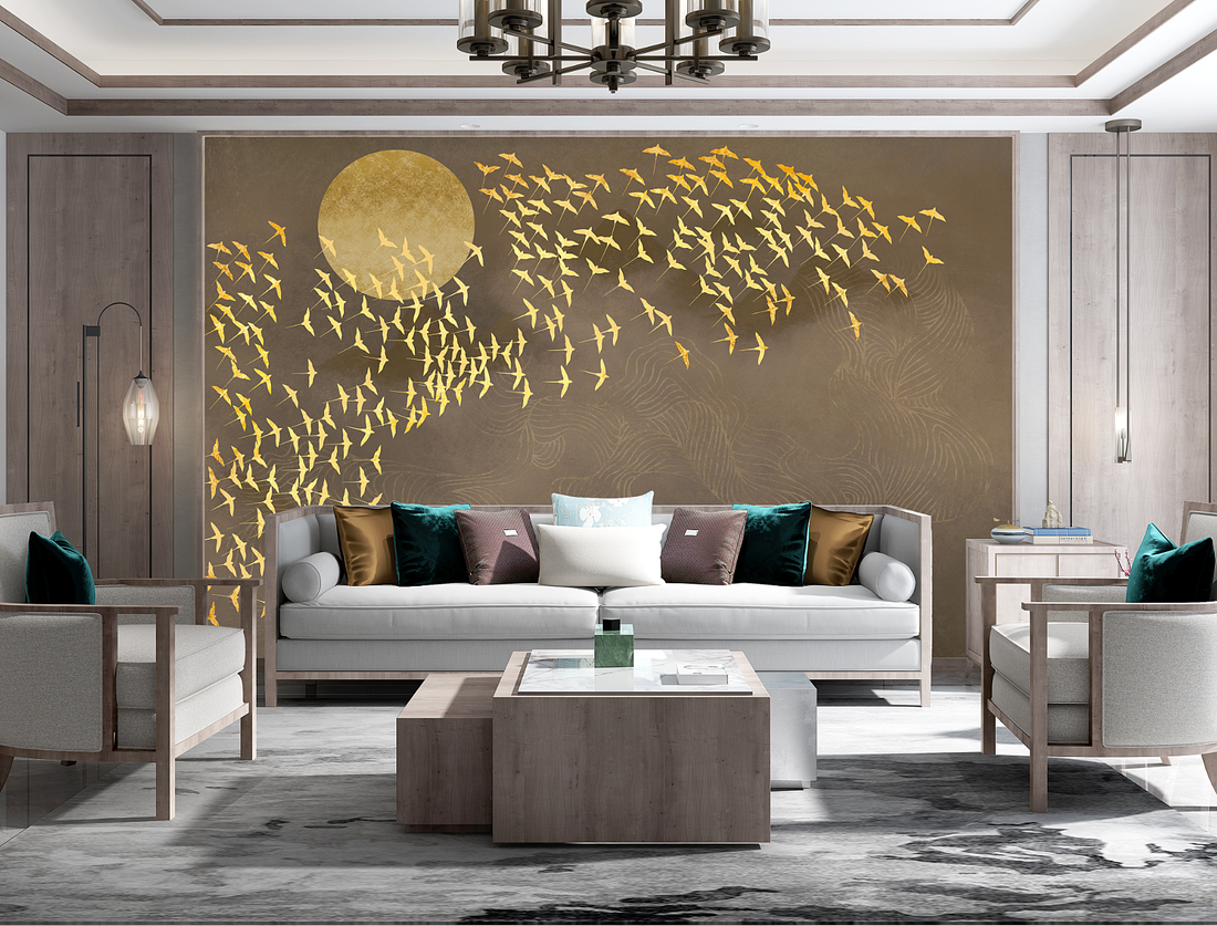 Chinoiserie Removable Wall Mural, Oriental Golden Birds & Moon Removable Wall Mural, Dark Wall Mural, Abstract Mural, Living Room Mural