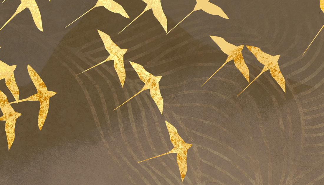 Chinoiserie Removable Wall Mural, Oriental Golden Birds & Moon Removable Wall Mural, Dark Wall Mural, Abstract Mural, Living Room Mural