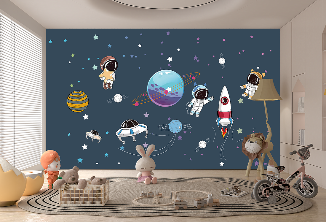 Kids Room Wallpaper, Fabric Mural, Ideal For Bedroom/Living Room, Chinoiserie Mural, Cartoon Space Adventure Removable Wall Mural