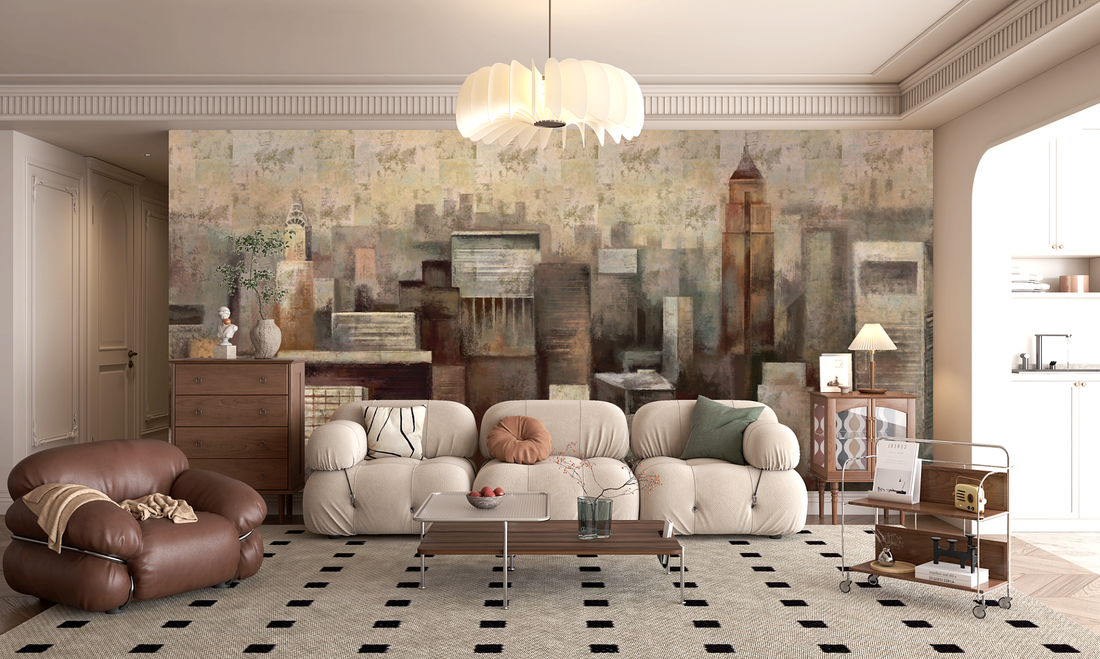Abstract Cityscape Removable Wall Mural, Peel And Stick Wallpaper, Abstract Mural, Bedroom Wall Decor, Living Room Decor, Retro Wallpaper