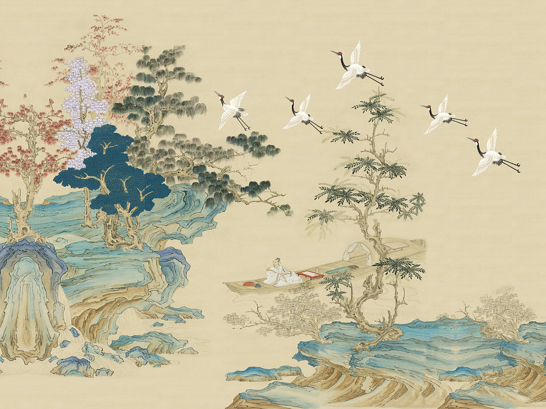 Retro Wallpaper, Vintage Chinoiserie Landscape Peel And Stick Wallpaper, Mountain Wall Mural, Peel And Stick, Vintage Mural