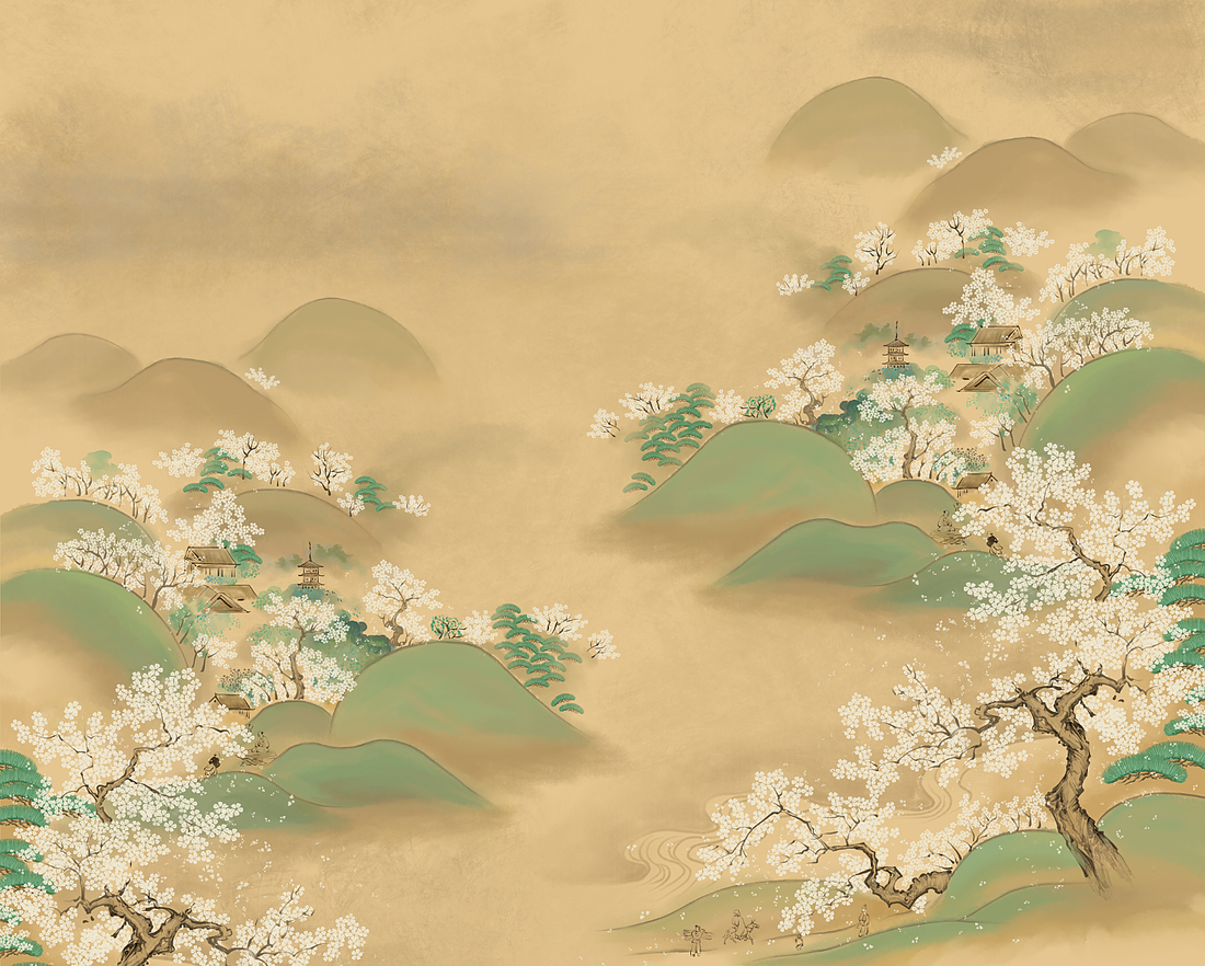 Vintage Chinoiserie Wallpaper, Landscape Peel And Stick Wallpaper, Mountain Wall Mural, Flower Mural, Botanical Wallpaper, Whimsical Mural