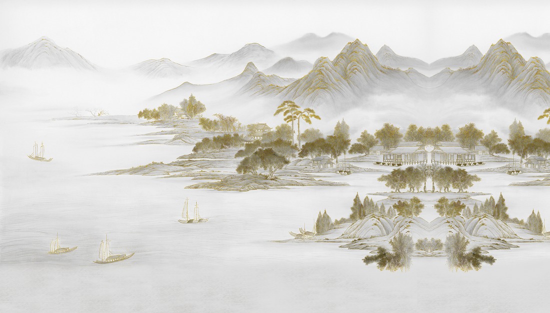 Retro Wallpaper, Vintage Chinoiserie Mural, Mountain Wall Mural, Peel And Stick, Landscape Mural, Wall Art, Pastel Mural, Luxury Wall Mural