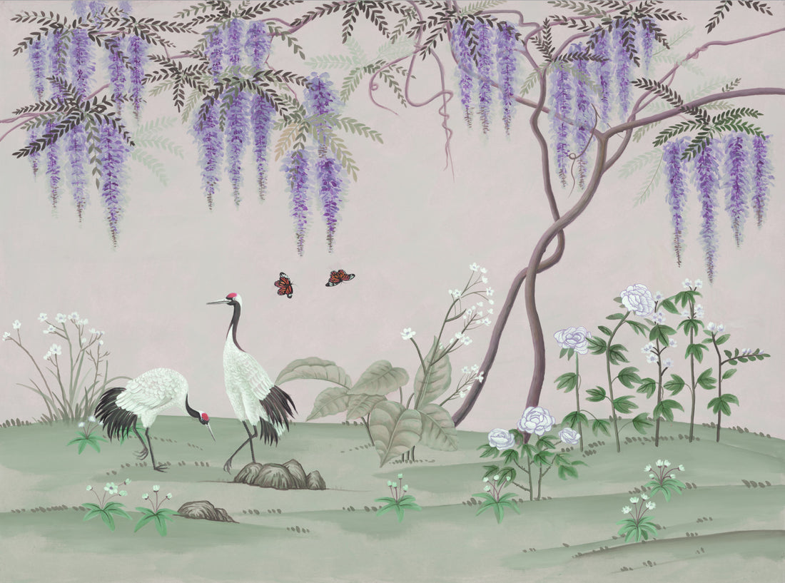 Chinese Ink Painting Wall Art, Elegant Crane and Wisteria Floral Canvas Print, Traditional Asian Home Decor, Serene Nature Landscape Artwork, Butterfly and Flower Wall Decor