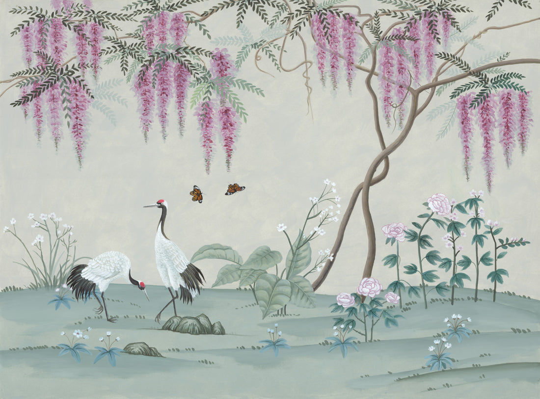 Chinese Ink Painting Wall Art, Elegant Crane and Wisteria Floral Canvas Print, Traditional Asian Home Decor, Serene Nature Landscape Artwork, Butterfly and Flower Wall Decor
