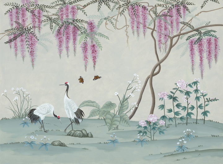 Chinese Ink Painting Wall Art, Elegant Crane and Wisteria Floral Canvas Print, Traditional Asian Home Decor, Serene Nature Landscape Artwork, Butterfly and Flower Wall Decor
