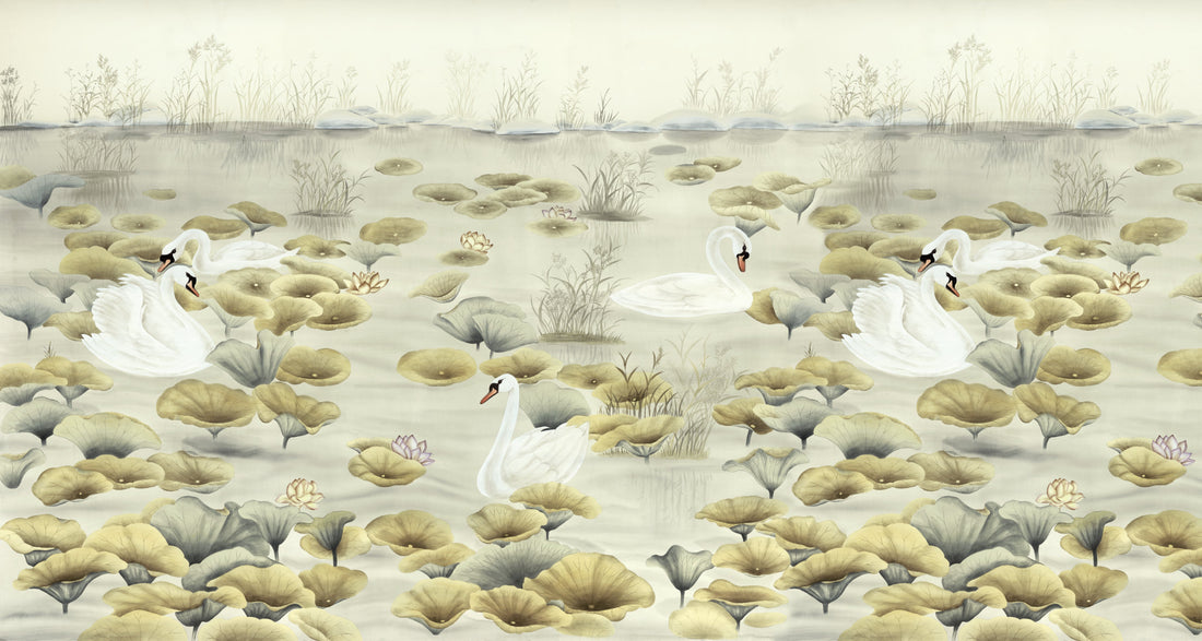 Traditional Lake Scene Wallpaper, Serene Swan & Lotus Design, Chinese Inspired Wall Art, Calming Neutral Tones, Peel and Stick Wallpaper, Living Room Decor Ideas, Bedroom Wall Decor