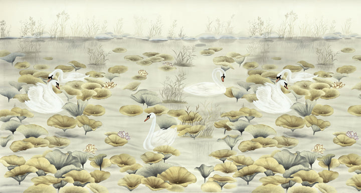 Traditional Lake Scene Wallpaper, Serene Swan & Lotus Design, Chinese Inspired Wall Art, Calming Neutral Tones, Peel and Stick Wallpaper, Living Room Decor Ideas, Bedroom Wall Decor