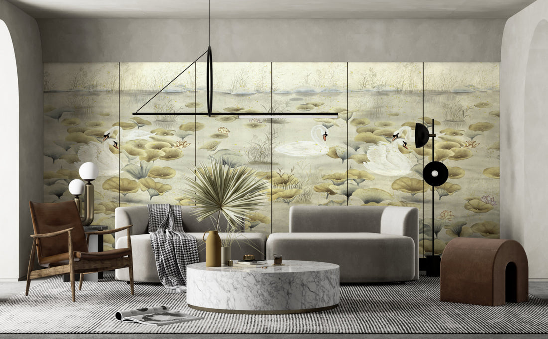 Traditional Lake Scene Wallpaper, Serene Swan & Lotus Design, Chinese Inspired Wall Art, Calming Neutral Tones, Peel and Stick Wallpaper, Living Room Decor Ideas, Bedroom Wall Decor