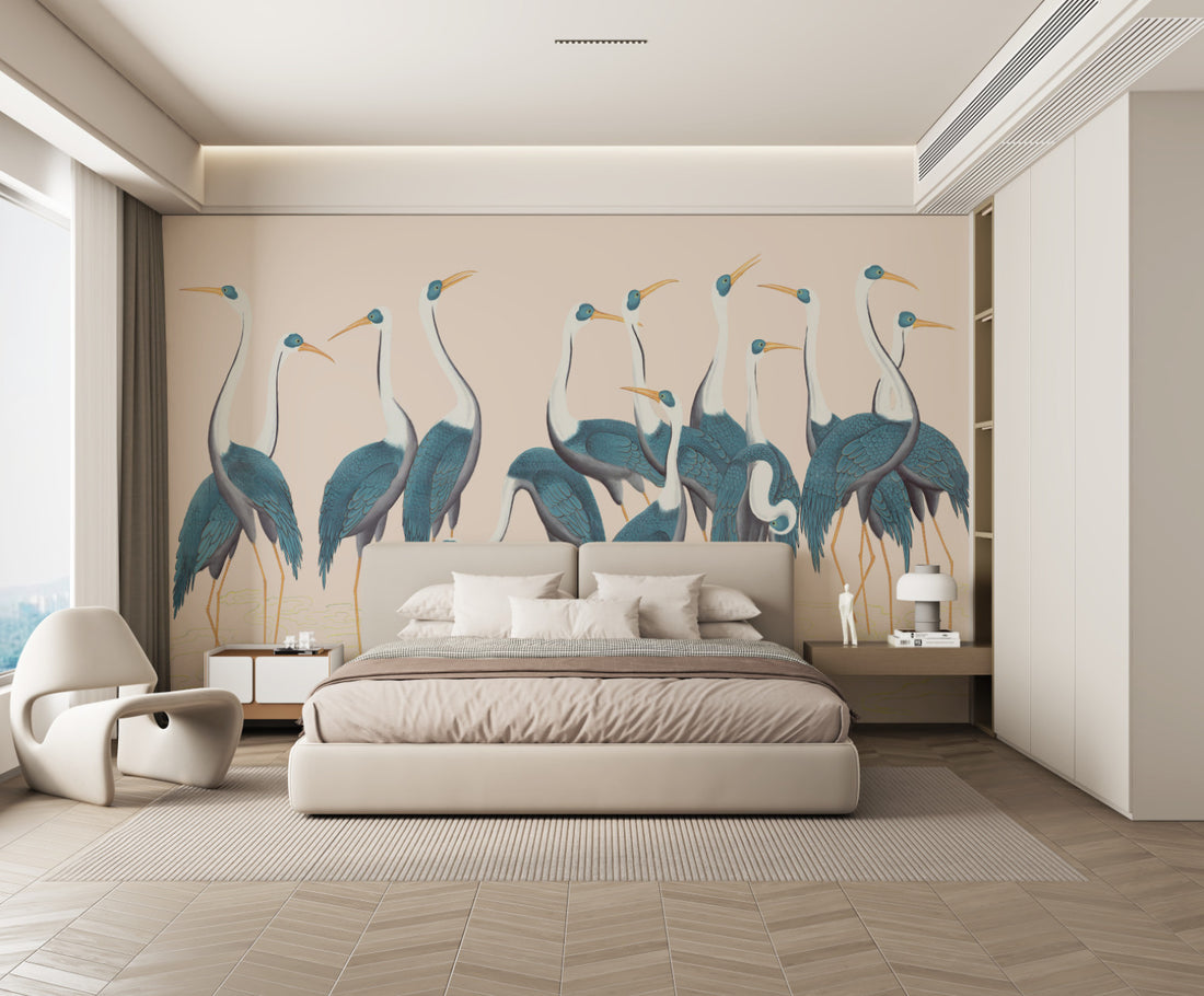Blue and White Crane Wallpaper, Elegant Peel and Stick Wallpaper, Nature-Inspired Wall Decor, Living Room Wall Art, Modern Farmhouse Decor