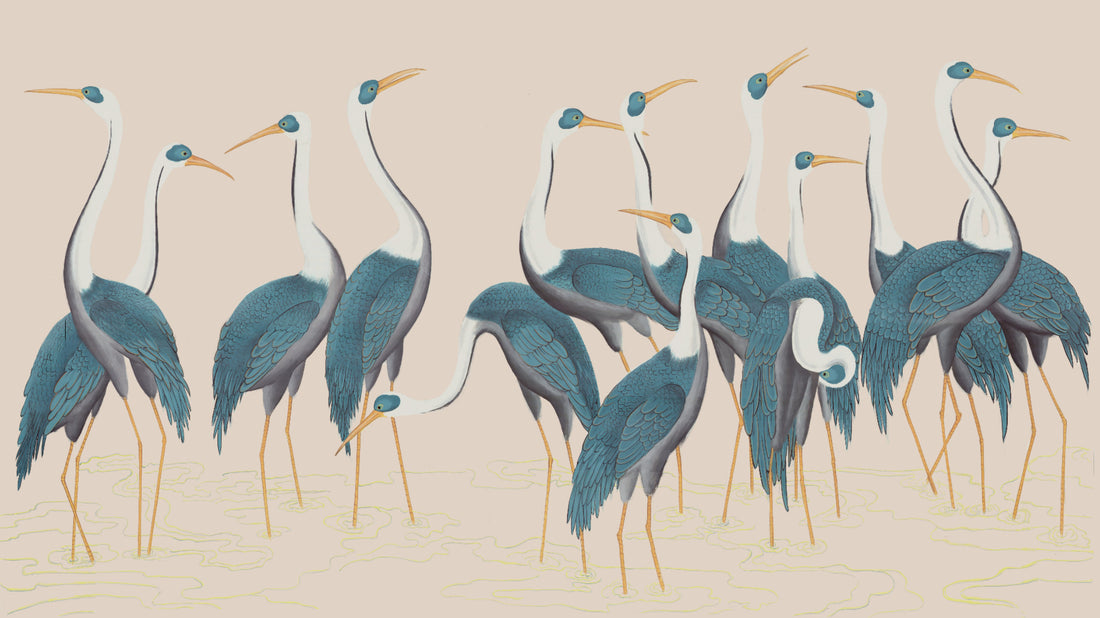 Blue and White Crane Wallpaper, Elegant Peel and Stick Wallpaper, Nature-Inspired Wall Decor, Living Room Wall Art, Modern Farmhouse Decor