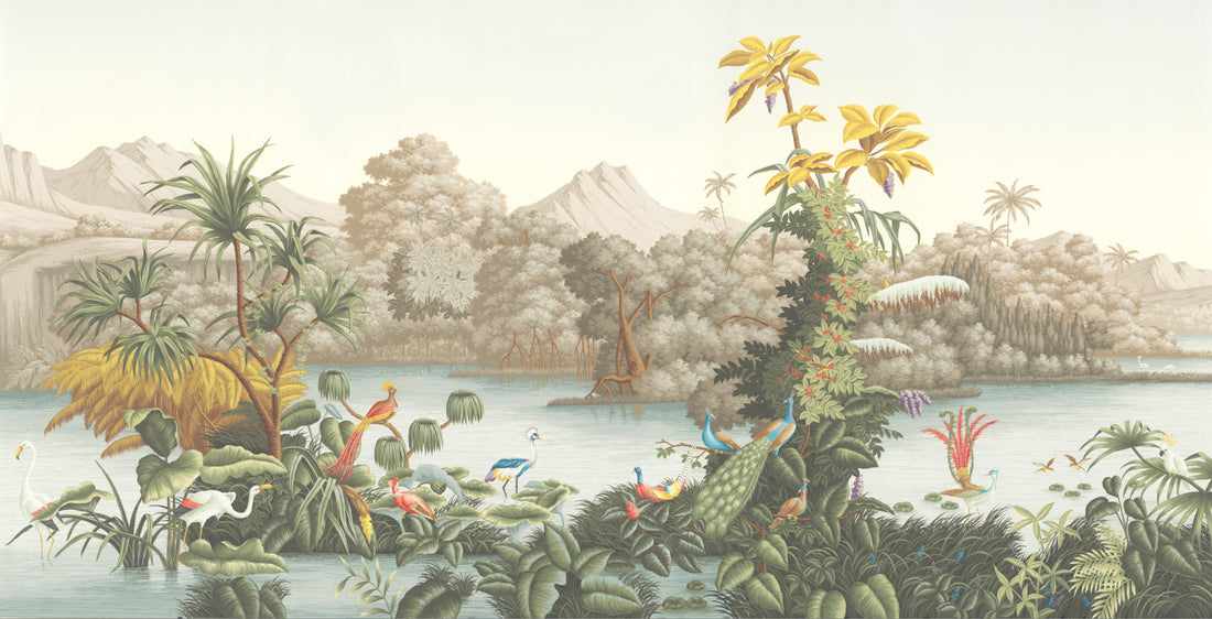 Tropical Paradise Wallpaper, Peel and Stick Wallpaper, Nature-Inspired Wall Decor, Living Room Wallpaper, Bird and Palm Tree Design, Self Adhesive Wallpaper