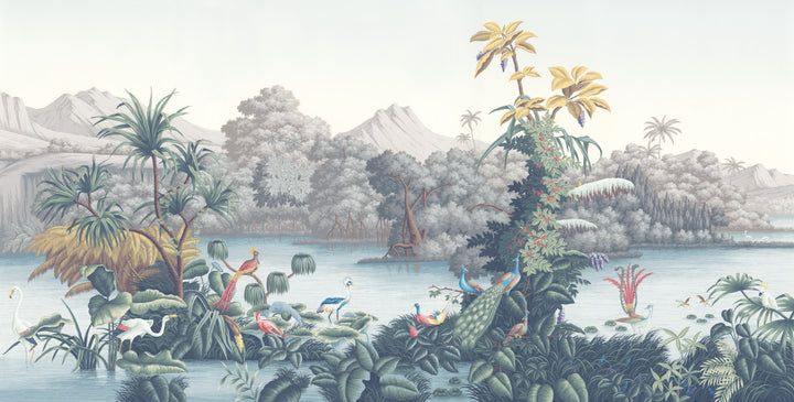 Tropical Paradise Wallpaper, Peel and Stick Wallpaper, Nature-Inspired Wall Decor, Living Room Wallpaper, Bird and Palm Tree Design, Self Adhesive Wallpaper
