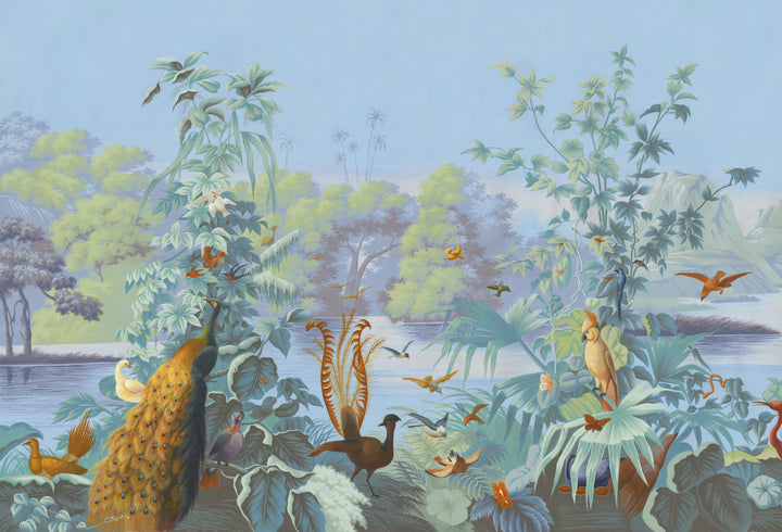 Tropical Birds Wallpaper, Vibrant Jungle Wall Decor, Exotic Bird Peel and Stick Wallpaper, Colorful Nature Wall Art, Fantasy Landscape Wall Mural, Botanical Peel and Stick Wallpaper, Lush Foliage Wall Decor, Prehistoric Ecosystem Wallpaper