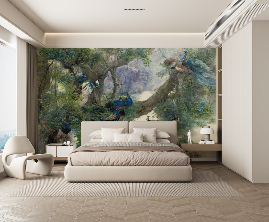 Beautiful Nature Landscape Wallpaper, Peacock Forest Wall Art, Green Botanical Wall Decor, Large Canvas Prints for Living Room, Serene Wildlife Wall Painting, Modern Wall Art for Home