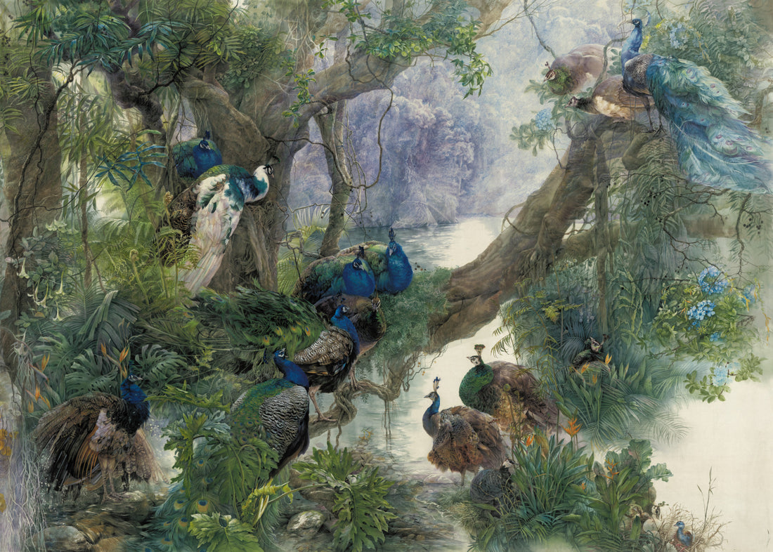 Beautiful Nature Landscape Wallpaper, Peacock Forest Wall Art, Green Botanical Wall Decor, Large Canvas Prints for Living Room, Serene Wildlife Wall Painting, Modern Wall Art for Home