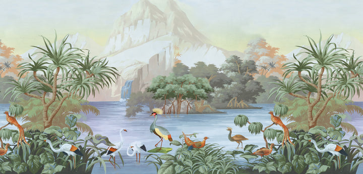 Tropical Landscape Wallpaper, Serene Mountain Scene, Lush Palm Trees, Calm Water Reflection, Vibrant Birdlife, Nature-Inspired Decor, Peel and Stick Wallpaper, Living Room Wall Decor Ideas, Modern Interior Design