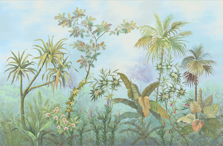 Tropical Rainforest Peel and Stick Wallpaper, Lush Green Botanical Wall Decor, Pastel Sky Jungle Wall Mural, Living Room Decor Ideas, Bedroom Wall Art, Self Adhesive Removable Wallpaper