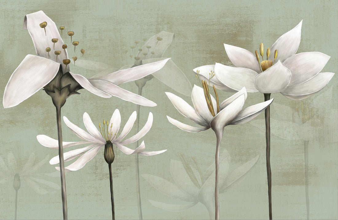 Floral Peel and Stick Wallpaper, White Lily Wall Decor, Botanical Wallpaper for Living Room, Self Adhesive Wallpaper, Green Floral Wallpaper, Nature Inspired Wall Art