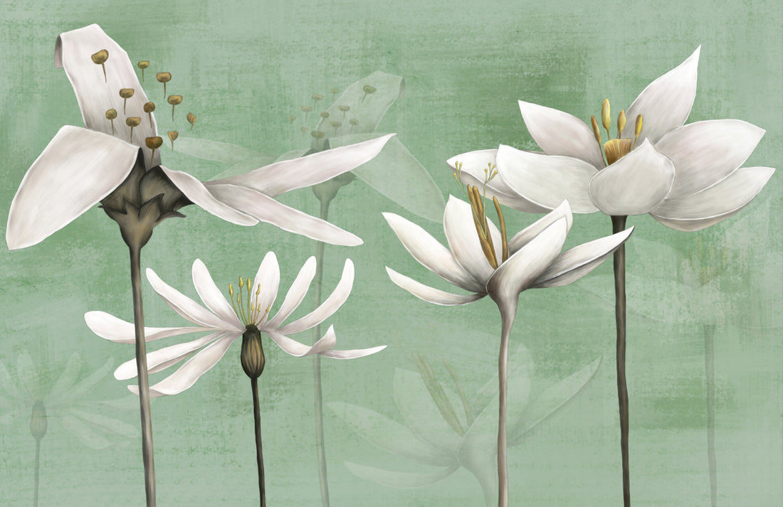 Floral Peel and Stick Wallpaper, White Lily Wall Decor, Botanical Wallpaper for Living Room, Self Adhesive Wallpaper, Green Floral Wallpaper, Nature Inspired Wall Art