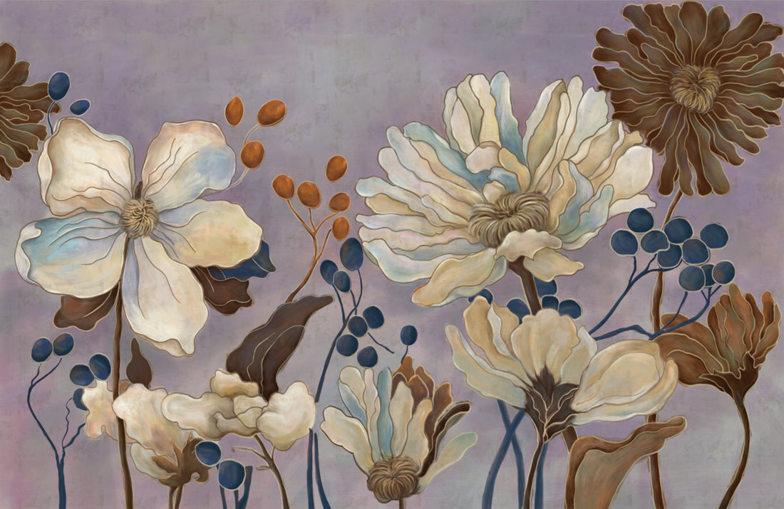 Floral Peel and Stick Wallpaper, Botanical Wall Art for Living Room, Blue and Gold Wallpaper, Large Canvas Wall Art, Modern Farmhouse Decor, Affordable Home Decor