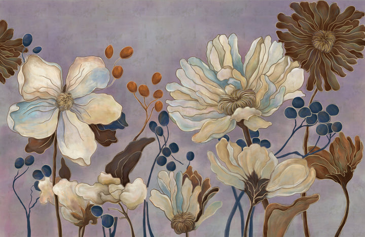 Floral Peel and Stick Wallpaper, Botanical Wall Art for Living Room, Blue and Gold Wallpaper, Large Canvas Wall Art, Modern Farmhouse Decor, Affordable Home Decor