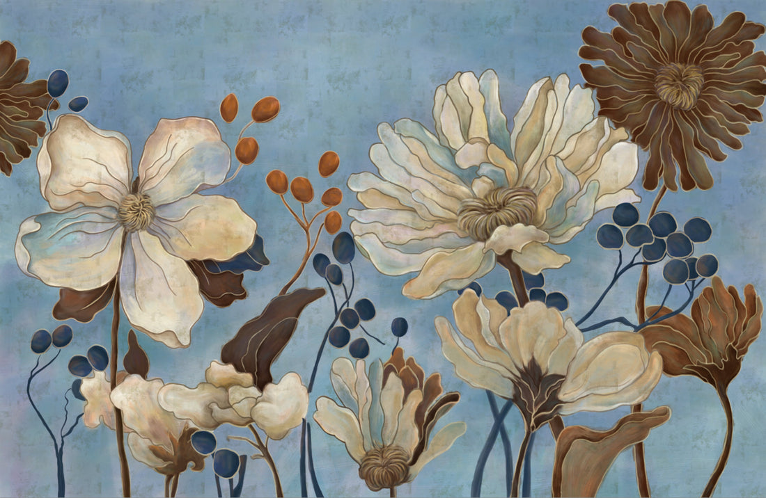 Floral Peel and Stick Wallpaper, Botanical Wall Art for Living Room, Blue and Gold Wallpaper, Large Canvas Wall Art, Modern Farmhouse Decor, Affordable Home Decor