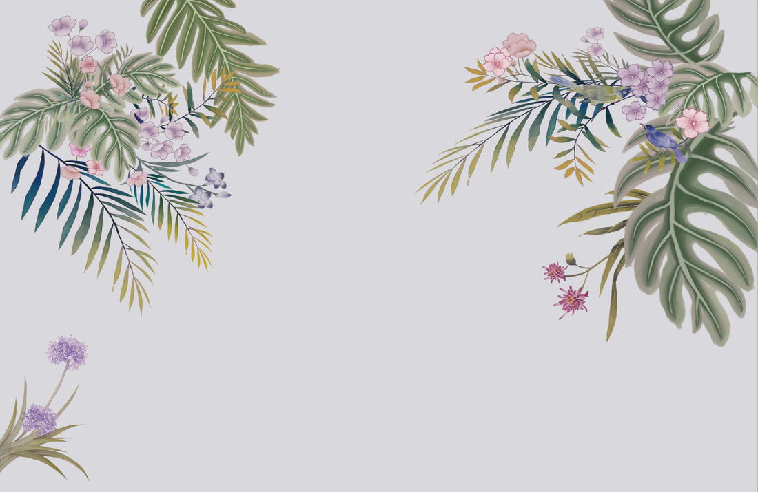 Floral Peel and Stick Wallpaper, Tropical Botanical Wall Decor, Blue and Green Leaf Design, Pink Flower Wall Art, Self Adhesive Wallpaper, Nature Inspired Living Room Decor