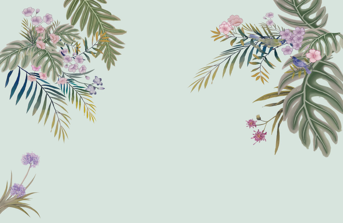 Floral Peel and Stick Wallpaper, Tropical Botanical Wall Decor, Blue and Green Leaf Design, Pink Flower Wall Art, Self Adhesive Wallpaper, Nature Inspired Living Room Decor