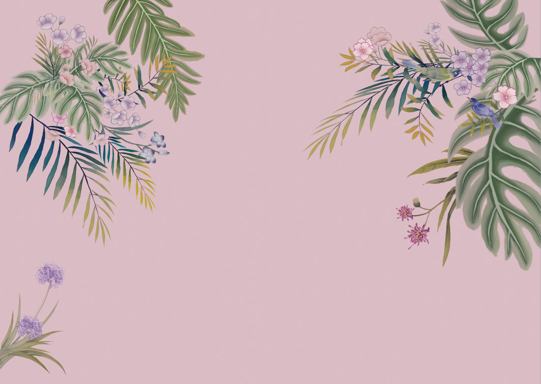 Floral Peel and Stick Wallpaper, Tropical Botanical Wall Decor, Blue and Green Leaf Design, Pink Flower Wall Art, Self Adhesive Wallpaper, Nature Inspired Living Room Decor