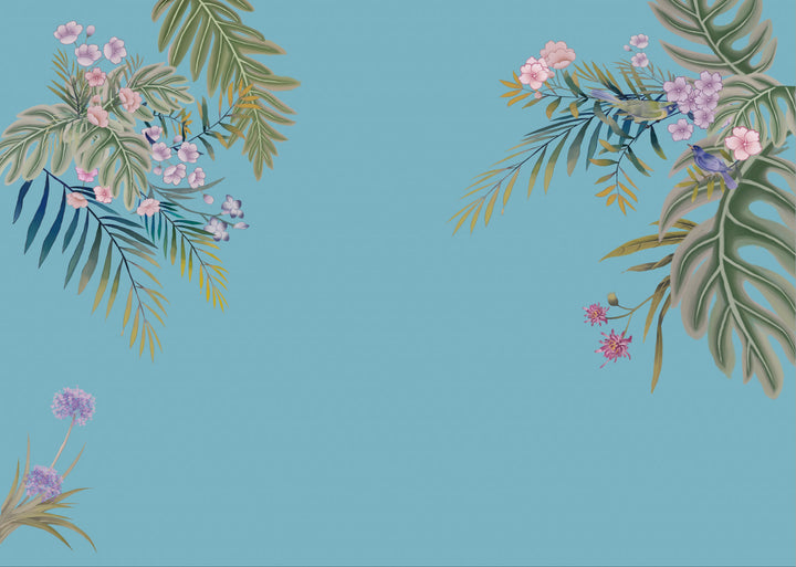 Floral Peel and Stick Wallpaper, Tropical Botanical Wall Decor, Blue and Green Leaf Design, Pink Flower Wall Art, Self Adhesive Wallpaper, Nature Inspired Living Room Decor