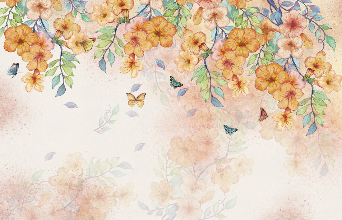 Floral Peel and Stick Wallpaper, Orange and Yellow Flower Wall Decor, Butterfly Wallpaper for Living Room, Self Adhesive Wallpaper, Nature-Inspired Wall Art, Elegant Home Decor