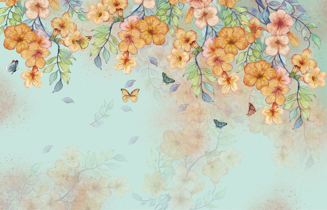 Floral Peel and Stick Wallpaper, Orange and Yellow Flower Wall Decor, Butterfly Wallpaper for Living Room, Self Adhesive Wallpaper, Nature-Inspired Wall Art, Elegant Home Decor