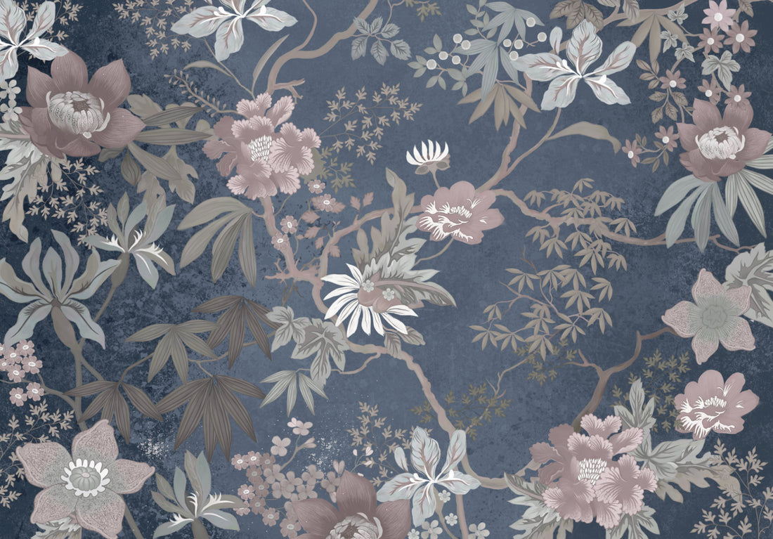Floral Peel and Stick Wallpaper, Pink and Blue Botanical Wallpaper, Traditional Oriental Wall Art, Self Adhesive Wallpaper for Living Room, Bedroom Decor