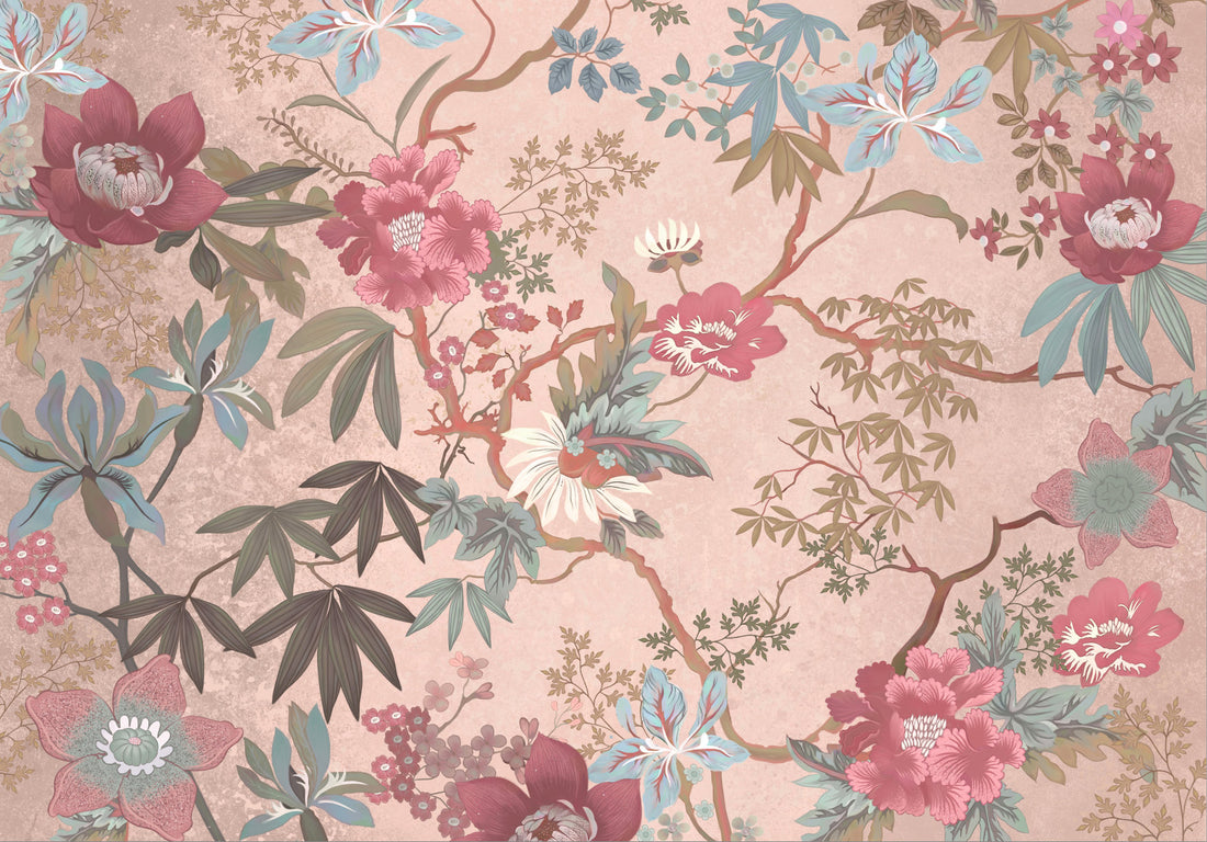 Floral Peel and Stick Wallpaper, Pink and Blue Botanical Wallpaper, Traditional Oriental Wall Art, Self Adhesive Wallpaper for Living Room, Bedroom Decor
