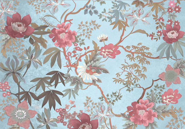 Floral Peel and Stick Wallpaper, Pink and Blue Botanical Wallpaper, Traditional Oriental Wall Art, Self Adhesive Wallpaper for Living Room, Bedroom Decor