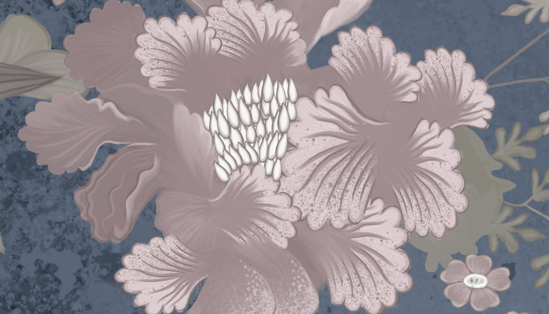 Floral Peel and Stick Wallpaper, Pink and Blue Botanical Wallpaper, Traditional Oriental Wall Art, Self Adhesive Wallpaper for Living Room, Bedroom Decor