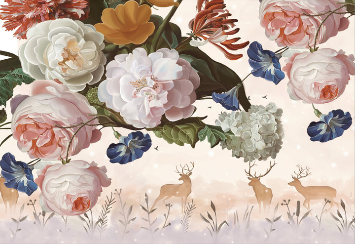 Floral Deer Wallpaper, Pink Peonies Wall Decor, Pastel Forest Wallpaper, Elegant Nature Wallpaper, Peel and Stick Wallpaper, Living Room Wall Decor Ideas, Bedroom Wallpaper, Self Adhesive Wallpaper