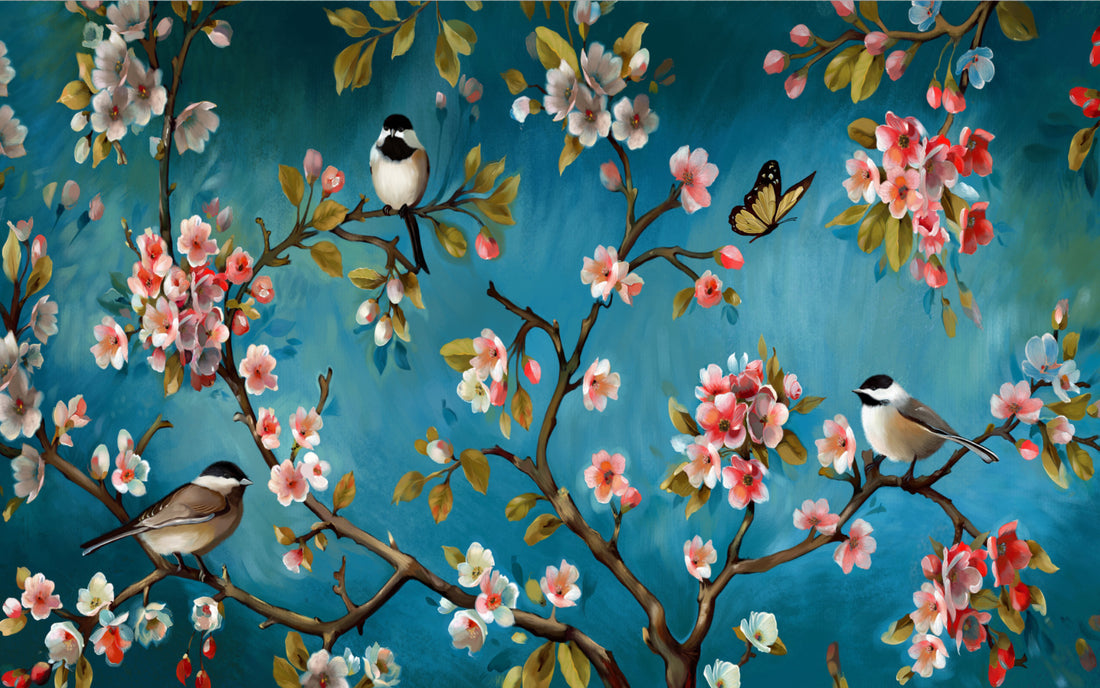 Nature Inspired Wallpaper, Beautiful Floral and Bird Wall Art, Blue Background Peel and Stick Wallpaper, Modern Living Room Decor Ideas, Large Canvas Wall Art, Self Adhesive Wallpaper for Bedroom