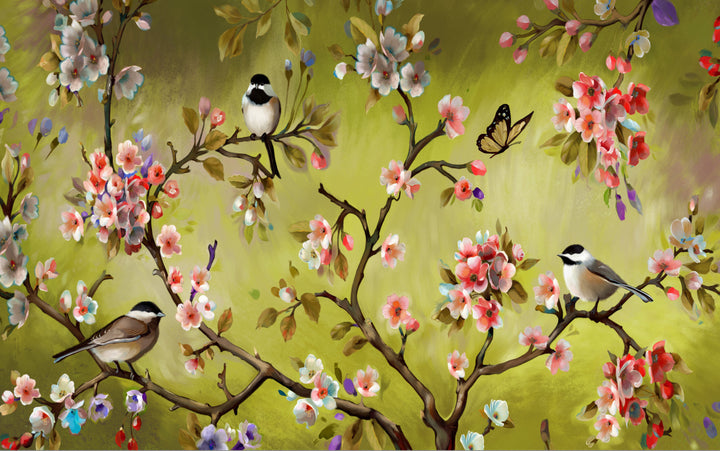 Nature Inspired Wallpaper, Beautiful Floral and Bird Wall Art, Blue Background Peel and Stick Wallpaper, Modern Living Room Decor Ideas, Large Canvas Wall Art, Self Adhesive Wallpaper for Bedroom