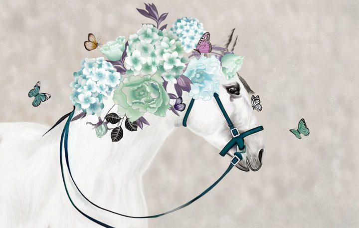 Serene Horse Floral Wallpaper, Peel and Stick Wallpaper for Living Room, Modern Wall Art for Living Room, Large Canvas Wall Art, Black and White Wall Art, Living Room Decor Ideas