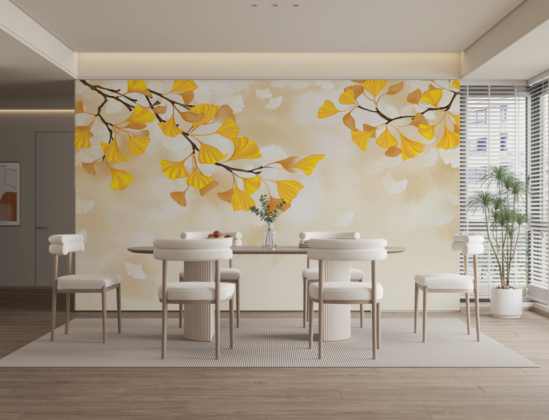 Golden Ginkgo Leaf Peel and Stick Wallpaper, Autumn-Inspired Wall Decor, Botanical Wall Art, Living Room Design Ideas, Modern Farmhouse Decor