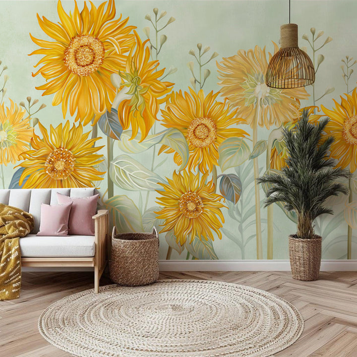 Sunflower Peel and Stick Wallpaper, Bright Yellow Floral Wall Decor, Living Room Wall Art, Modern Farmhouse Decor, Self Adhesive Wallpaper, Affordable Home Decor