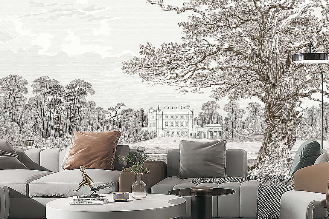 Sketch Landscape Wallpaper, Francy Mural, Dark Wallpaper, Tree Wall Mural, Luxury Mural