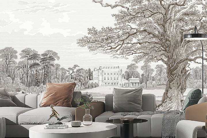 Sketch Landscape Wallpaper, Francy Mural, Dark Wallpaper, Tree Wall Mural, Luxury Mural
