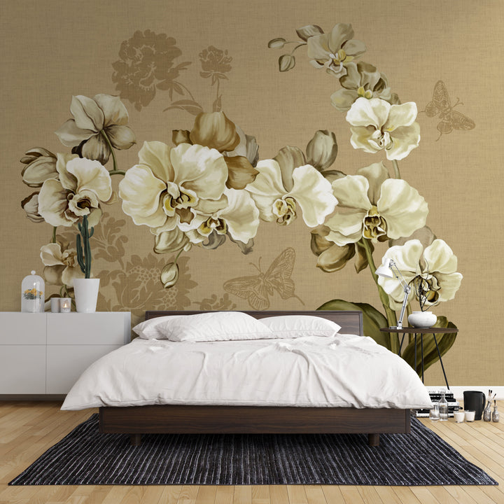 Traditional Floral Wallpaper, Elegant Orchid Design with Butterflies, Peel and Stick Wallpaper, Living Room Decor Ideas, Bedroom Wall Art, Self Adhesive Wallpaper, Modern Farmhouse Decor